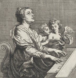 Saint Cecilia spiller orgel med to putti til høyre, ca. 1631.