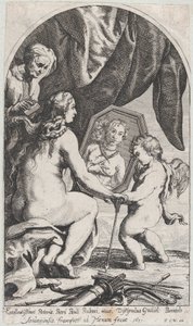 Venus foran et speil holdt av Amor mens håret hennes er kjemmet av en gammel kvinne, 1631.