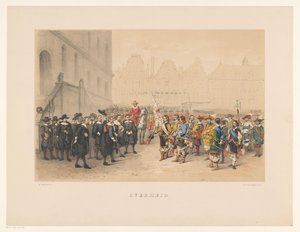 Tredje gruppe av maskerade i Utrecht i 1856 Regjeringen (tittel på objekt) Vårt hjemland omkring midten av 1600-tallet, foreslått av H.H. studenter, medlemmer av Mutua Fides, i feiringen av 220-årsjubileet for Utrechtsche Hoogeschool, 25. juni