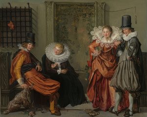 Elegant par som frier til hverandre. Rundt 1616-20