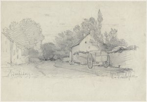 Utsikt over en gate med en vogn i Barbizon av Willem Roelofs (I)