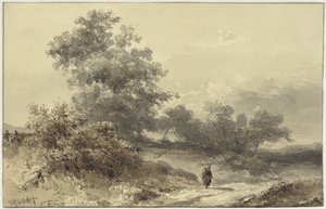Landskap med busker og en figur på en landevei av Willem Roelofs (I)