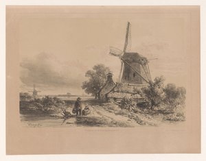 Vindmølle i et landskap med to figurer av Willem Roelofs (I)