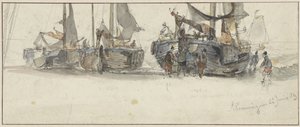 Fiskebåter på stranden i Scheveningen av Willem Roelofs (I)