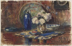 Stilleben med blå flaske og vase med blomster av Willem Roelofs (II)