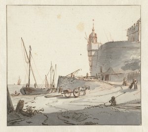 Utsikt over en havn nær en bymur av Willem Schellinks