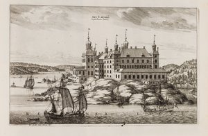 Läckö slott fra Vänernsiden. Fra «Suecia antiqua et hodierna» av Willem Swidde