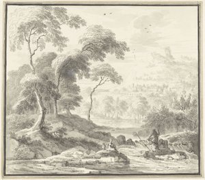 Idyllisk kupert landskap med kvinner ved en bekk av Willem Troost (I)