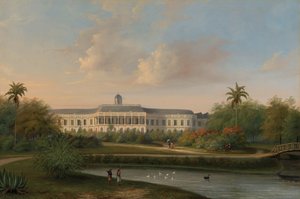 Utsikt bakfra av Buitenzorg-palasset før jordskjelvet 10. oktober 1834 av Willem Troost (II)