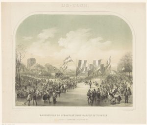 skøytekonkurranse Isklubb / hurtigløp av menn og kvinner holdt i Leeuwarden 22. februar 1855 (tittel på objekt) av Willem Troost (II)