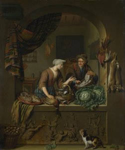 En kvinne og en fiskefarer på et kjøkken, 1713