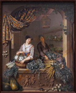 En grønnsakselger. Maleri av Willem van Mieris (1662-1747), olje på tre