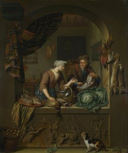 Kvinne og fiskehandler på kjøkkenet. 1713 av Willem Van Mieris