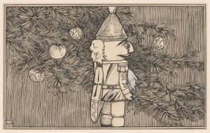 Nøtteknekker i husarkappe ved et juletre