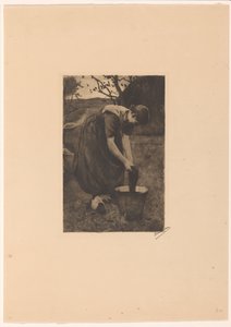 Farmer vasker tekstiler i en bøtte av Willem Witsen (signed by artist)