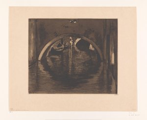 Utsikt under en bro med to robåter Under broen, Venezia (original tittel) av Willem Witsen (signed by artist)