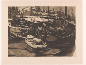 Utsikt over fortøyde skip i Oudeschans i Amsterdam Torvskip i Oude Schans (original tittel) av Willem Witsen (signed by artist)