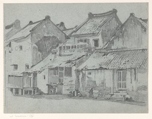 Bakfasader av hus ved en elv i Batavia av Willem Arnoldus Witsen