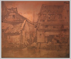Batavia. Hus på kali, vaskeri ved trappen til et hus til høyre av Willem Arnoldus Witsen