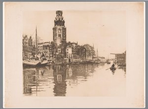 Utsikt over Montelbaanstoren i Amsterdam Oude Schans med Montelbaanstoren og robåt (original tittel) av Willem Arnoldus Witsen