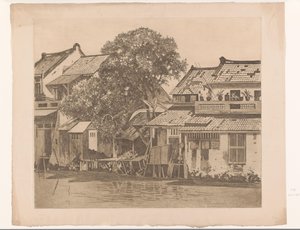 Utsikt over hus ved en elv i Batavia Hus på kali. Trær mellom husene, Batavia (original tittel) av Willem Arnoldus Witsen