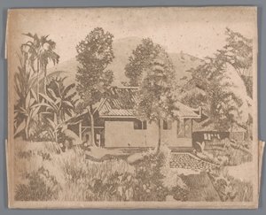 Hus med vulkanen Salak(?) i bakgrunnen, Buitenzorg av Willem Arnoldus Witsen