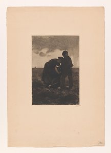 Kvinne og gutt i tresko med jutepose på banen Potethøst (original tittel)