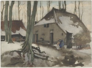 Kvinne foran et hus i en snødekt skog av Willem Arnoldus Witsen