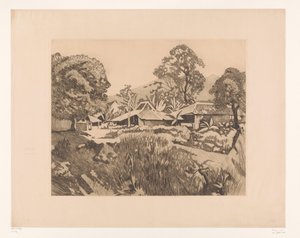 Hjem i Bogor før vulkanene Salak og Gede Hus i kampong med vulkanene Salak og Gedeh i bakgrunnen, Buitenzorg (originaltittel) av Willem Arnoldus Witsen