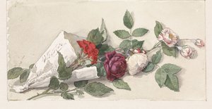 Bukett med roser og pelargonium av Willem de Famars Testas