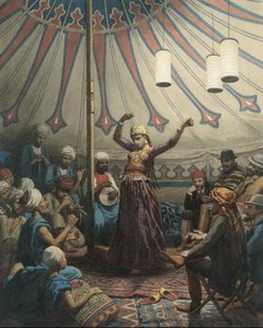 Egyptisk danser i telt, med musikere og tilskuere