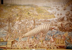 Erobringen av Tunis av keiser Charles V: Golettes sete i 1535. Detalj av et billedvev av Willem de Pannemaker (aktiv rundt 1535-1554) 1554 Alcazar de Seville av Willem de Pannemaker