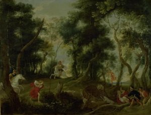 Landskap med Atalanta og Meleager Hunting the Calydonian Boar av Willem van Herp