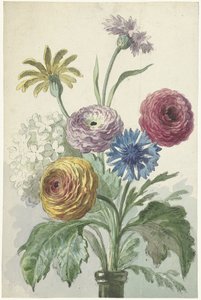 Bukett med blomster i halsen på en grønn vase