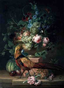 Stilleben med blomster og en fasan (olje på lerret)