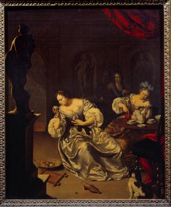 Kvinnene fra den nederlandske adelen tar teen. Maleri av Willem van Mieris (1662-1747) (ec.holl.) 1700-tallet søn. 0,42x0,34 m