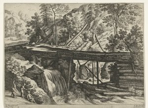 Fjelllandskap med treakvedukt Italienske landskap (serietittel) av Willem van Nieulandt (II)