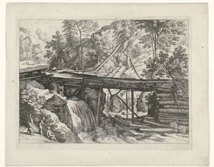 Fjelllandskap med treakvedukt Italienske landskap (serietittel) av Willem van Nieulandt (II)