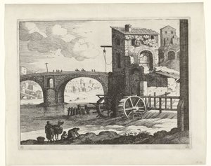 Bro og vannmølle Italienske landskap (serietittel) av Willem van Nieulandt (II)