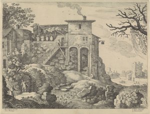 Italiensk landskap med vertshus av Willem van Nieulandt (II)