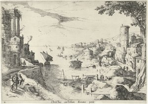 Landskap med nattverden på Emmaus Christus castellum Emaus petit (tittel på objekt) Italienske landskap med bibelske scener (serietittel) av Willem van Nieulandt (II)