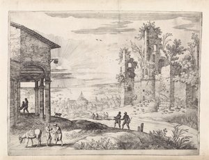 Landskap med den barmhjertige samaritan på vertshuset Italienske landskap (serietittel) av Willem van Nieulandt (II)
