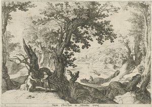 Landskap med Kristi fristelse Satan Christum in solitudine tentat (tittel på objekt) Italienske landskap med bibelske scener (serietittel) av Willem van Nieulandt (II)