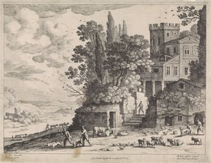 Landskap med hus, figurer og storfe