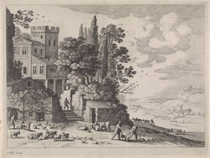 Landskap med hus, figurer og storfe av Willem van Nieulandt (II)