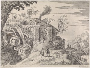 Landskap med en vannmølle og den barmhjertige samaritan Italienske landskap (serietittel) av Willem van Nieulandt (II)