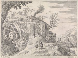 Landskap med en vannmølle og de barmhjertige samaritanske italienske landskapene (serietittel) av Willem van Nieulandt (II)