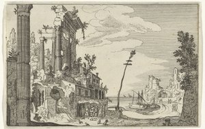 Romerske ruiner ved sjøen Romerske ruiner og kystlandskap (serie 1) (serietittel) av Willem van Nieulandt (II)