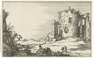 Ruinene av et tempel omgitt av søyler Romerske ruiner og kystlandskap (serie 1) (serietittel) av Willem van Nieulandt (II)