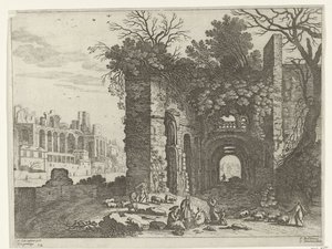 Hvilende familie foran en ruin av italiensk landskap (serietittel) av Willem van Nieulandt (II)